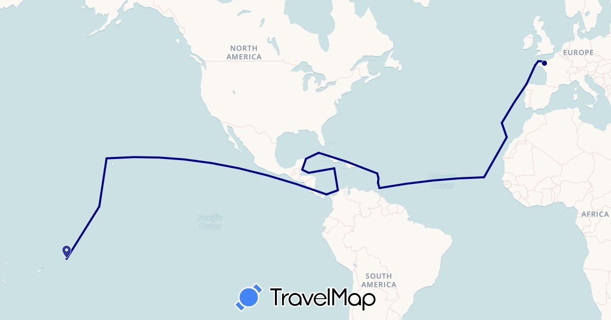 TravelMap itinerary: driving in Belize, Colombia, Cuba, Cape Verde, Spain, France, Honduras, Jersey, Jamaica, Kiribati, Mexico, Panama, Portugal, Trinidad and Tobago, United States, Saint Vincent and the Grenadines, Samoa (Africa, Europe, North America, Oceania, South America)